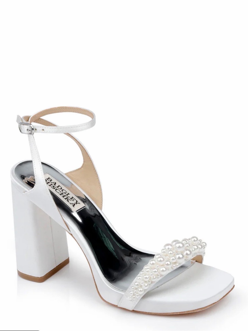 Badgley Mischka White Pearl Ankle-Strap Block Heel Sandals